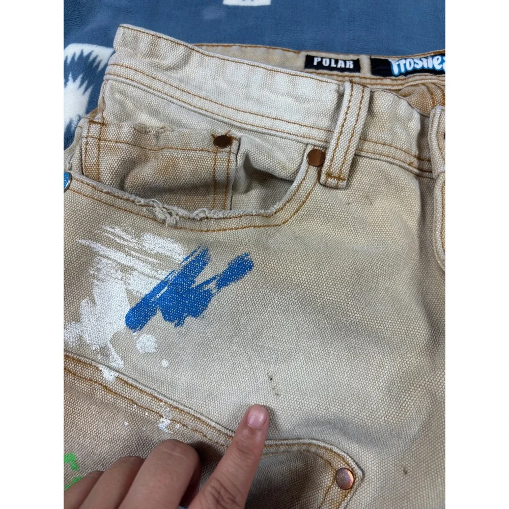 Polar Frostiez Tan Canvas Peace Sign Paint Splatter Double Knee Pants Size 32